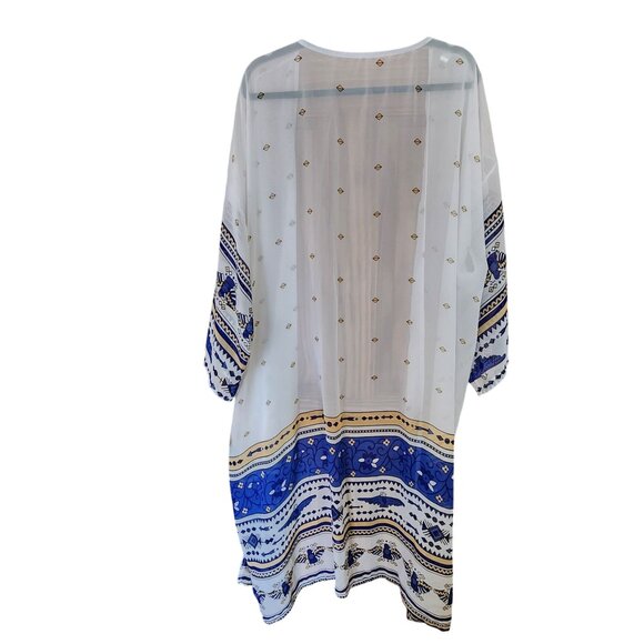 Sheer Bohemian Kimono Cardigan With Blue & White Ethnic Print - Picture 2 of 3